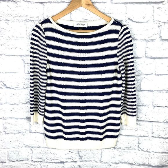 Vtg St John Knit Blue Cream Striped Wool Sweater P - Picture 2 of 12